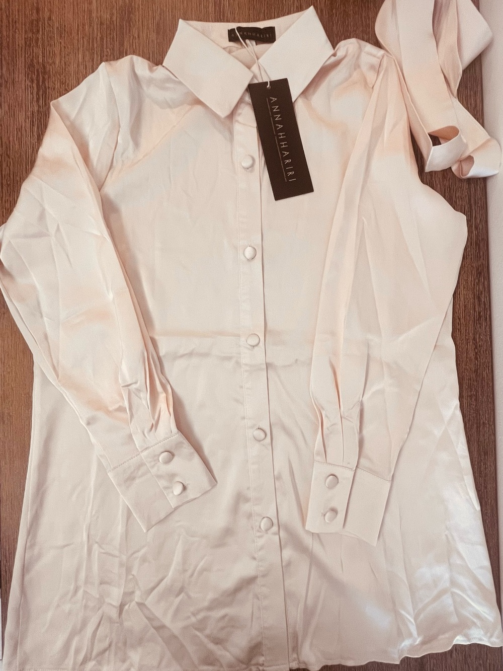Anna Hariri Women’s Light Pink/Peach Satin like Button-Up Blouse size S